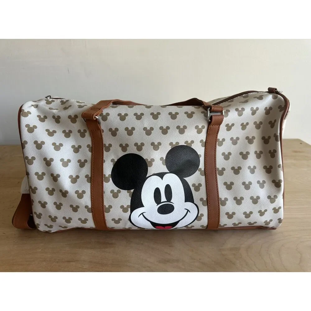 NWT Disney Mickey Mouse Weekender Duffel Travel Bag Faux Leather Carry On Beige